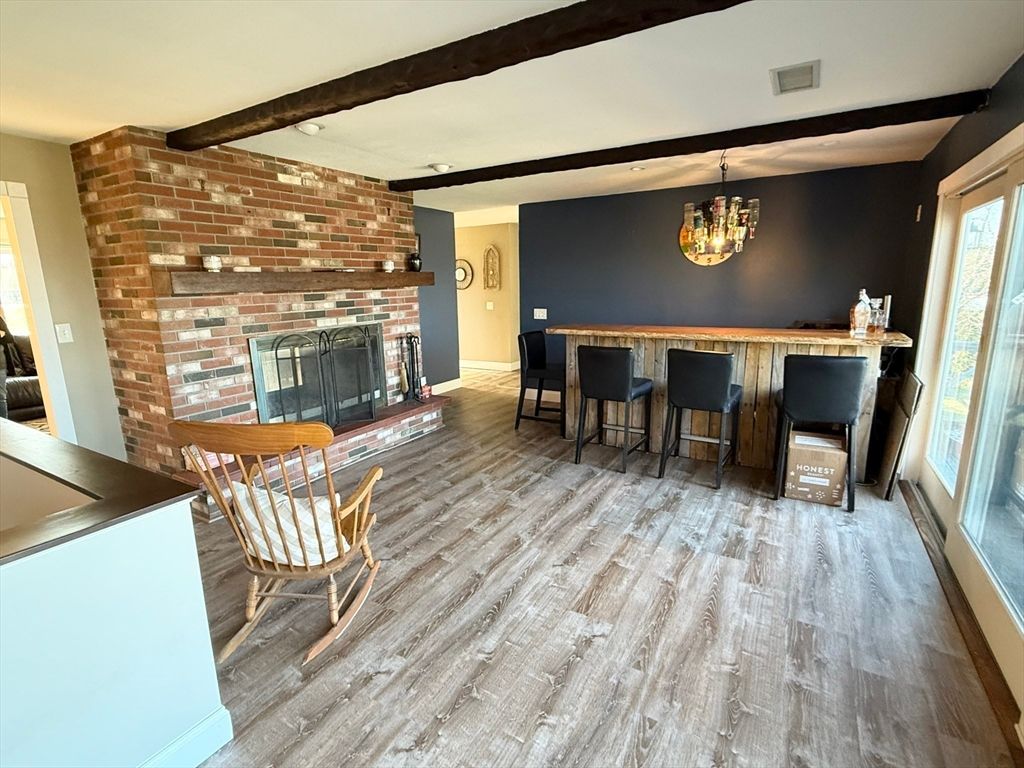 Fireplace, Interior, Recessed Lighting, Stone Walls, Wooden Beams, Wood Texture Flooring