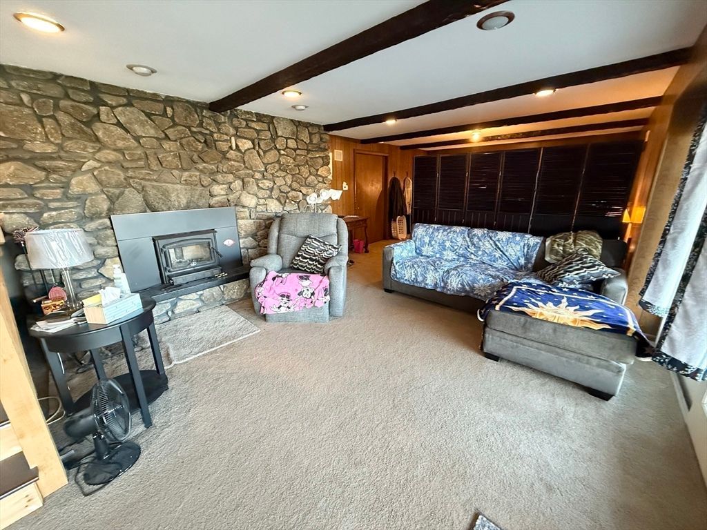 Fireplace, Interior, Living room, Recessed Lighting, Stone Walls