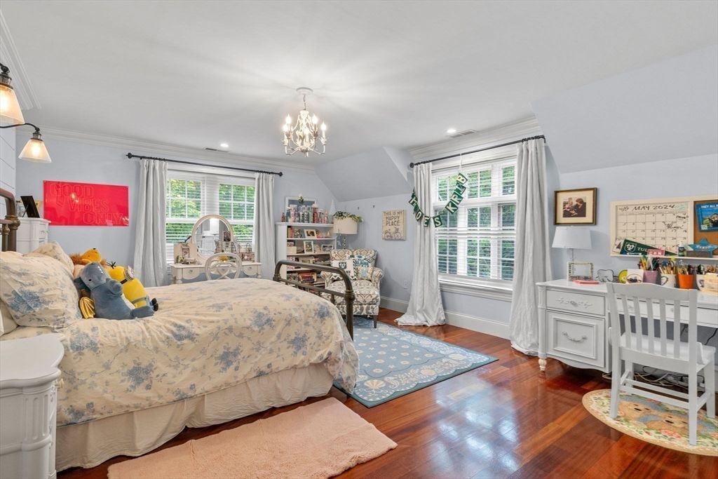 Bedroom, Chandelier, Interior, Recessed Lighting, Wood Texture Flooring