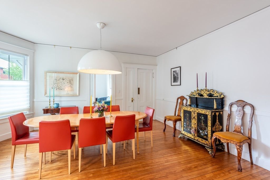 Dining room, Interior, Pendant Lights, Wood Texture Flooring