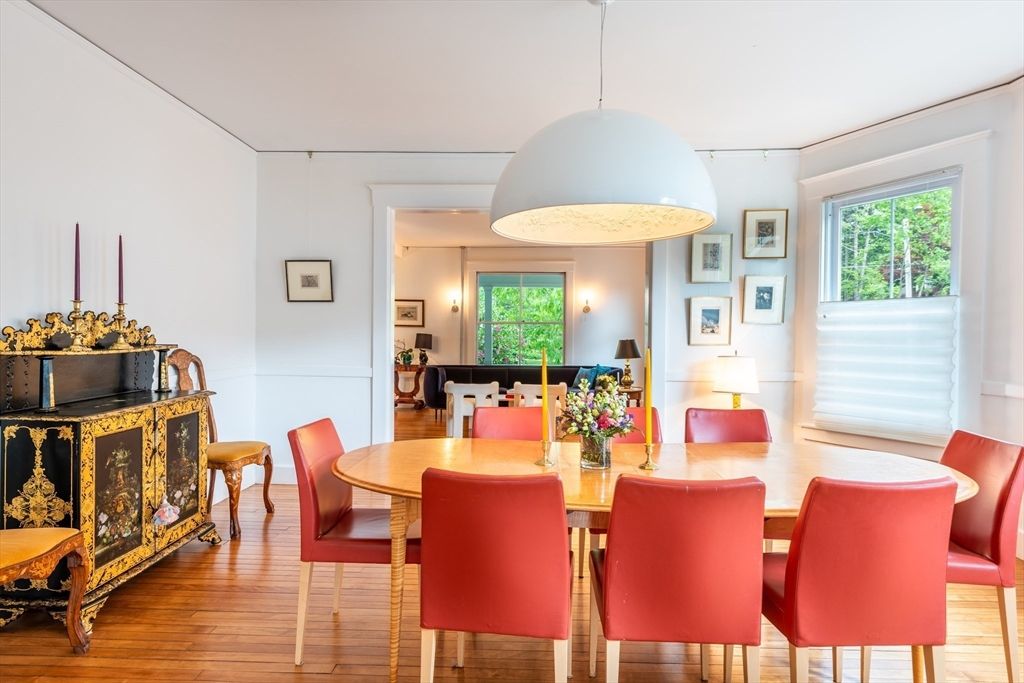 Dining room, Interior, Pendant Lights, Wood Texture Flooring