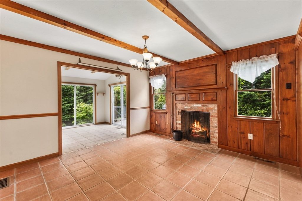 Chandelier, Empty room, Fireplace, Interior, Wooden Beams, Wooden Walls