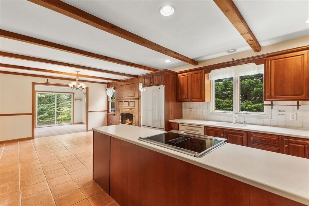 Chandelier, Fireplace, Interior, Kitchen, Recessed Lighting, Wooden Beams