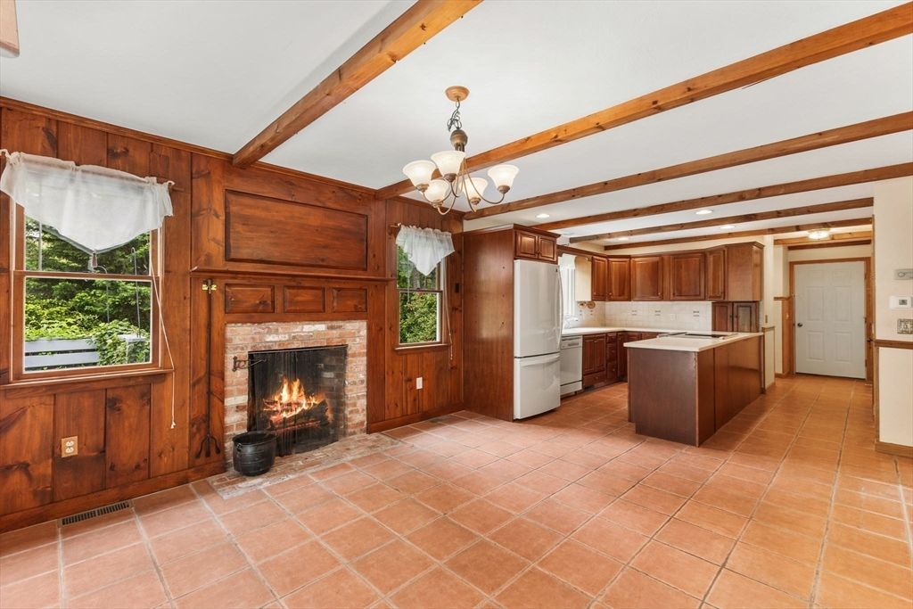 Chandelier, Fireplace, Interior, Kitchen, Recessed Lighting, Wooden Beams, Wooden Walls