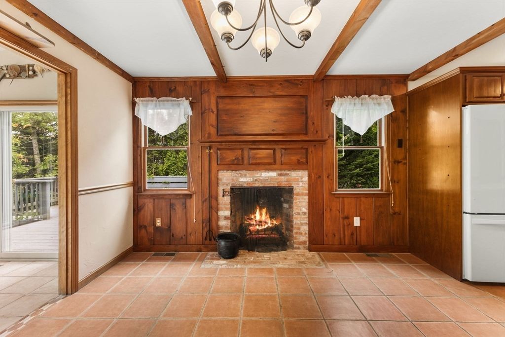 Chandelier, Empty room, Fireplace, Interior, Wooden Beams, Wooden Walls
