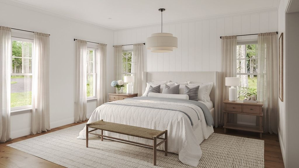 Bedroom, Interior, Pendant Lights, Wood Texture Flooring