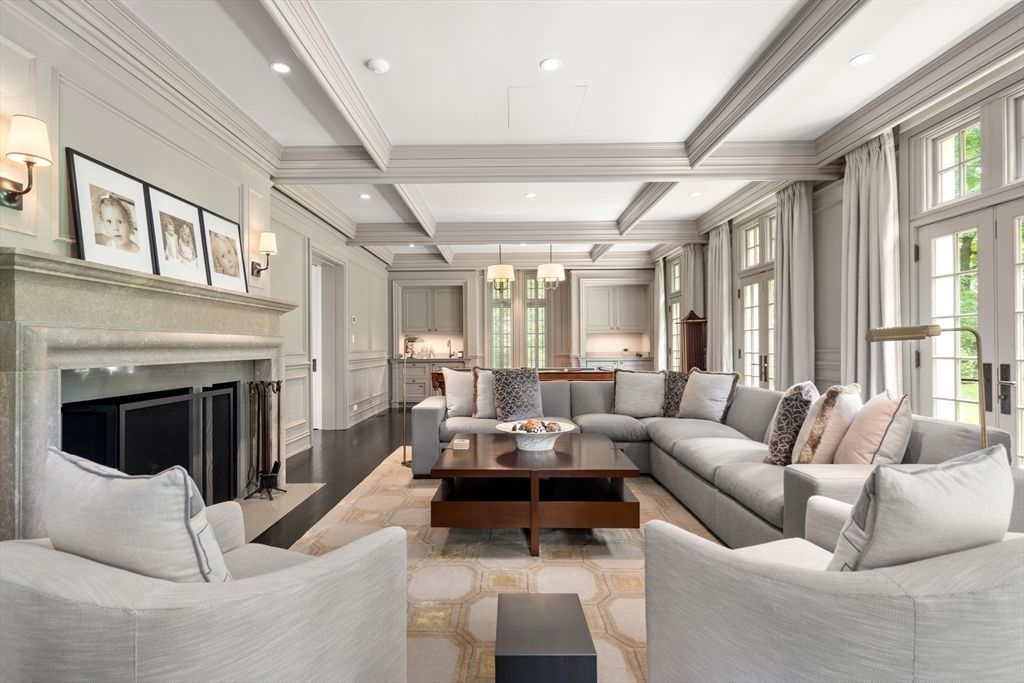 Fireplace, Interior, Living room, Pendant Lights, Recessed Lighting, Wood Texture Flooring