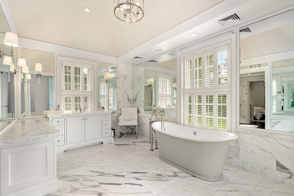 Bathroom, Free Standing Baths, Interior, Marble, Marble Walls, Recessed Lighting