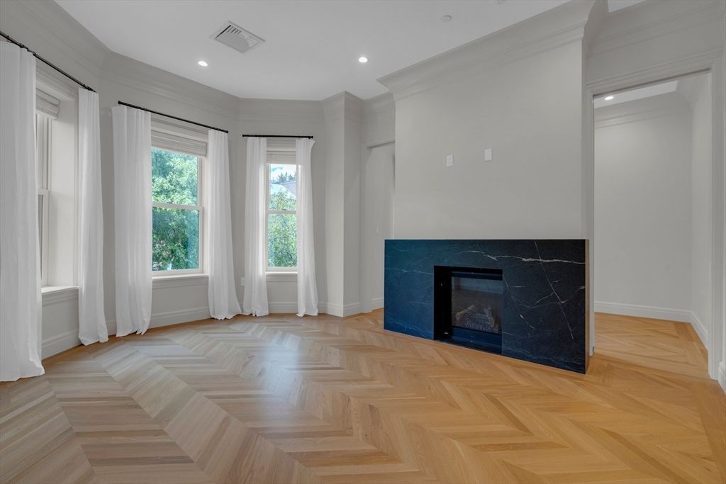 Empty room, Fireplace, Interior, Recessed Lighting, Wood Texture Flooring