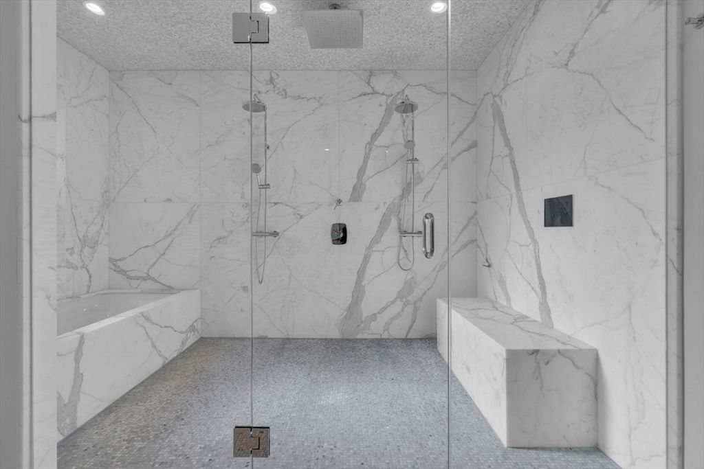 Bathroom, Glass Shower, Interior, Marble Walls, Recessed Lighting