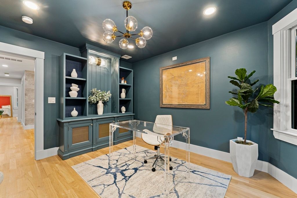 Home Office, Interior, Pendant Lights, Recessed Lighting, Wood Texture Flooring
