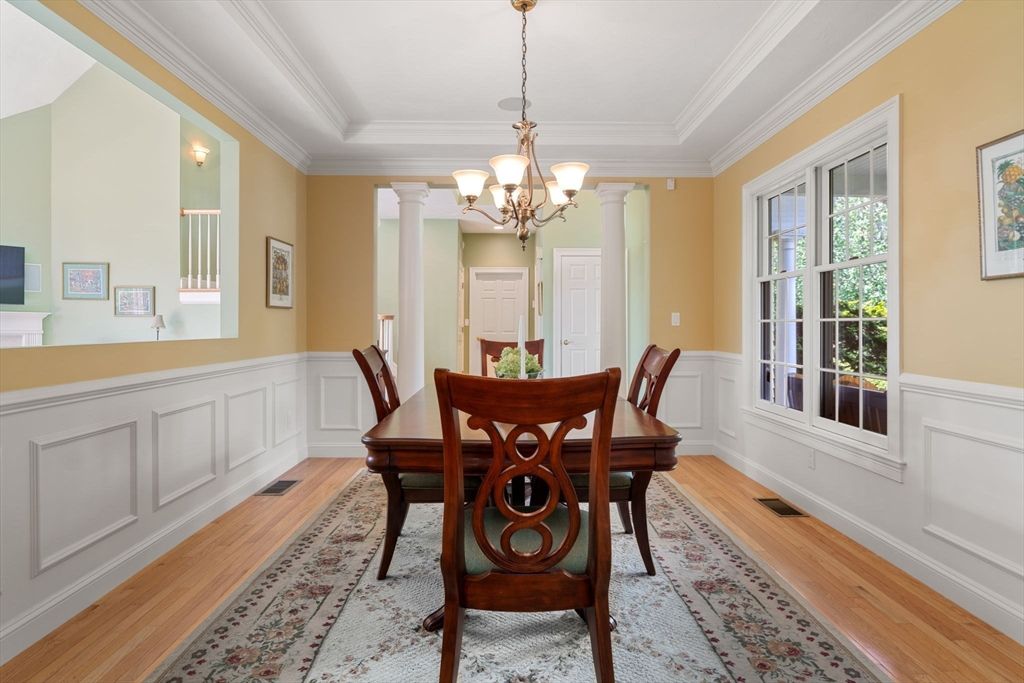 Chandelier, Dining room, Interior, Wood Texture Flooring