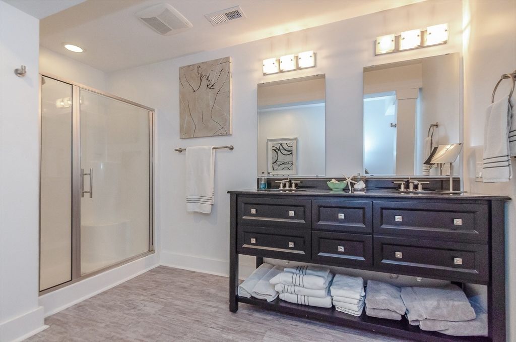 Bathroom, Dual Sink Vanities, Glass Shower, Interior, Recessed Lighting