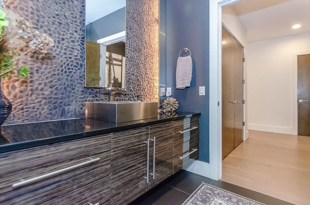 Bathroom, Dual Sink Vanities, Interior, Recessed Lighting, Wood Texture Flooring