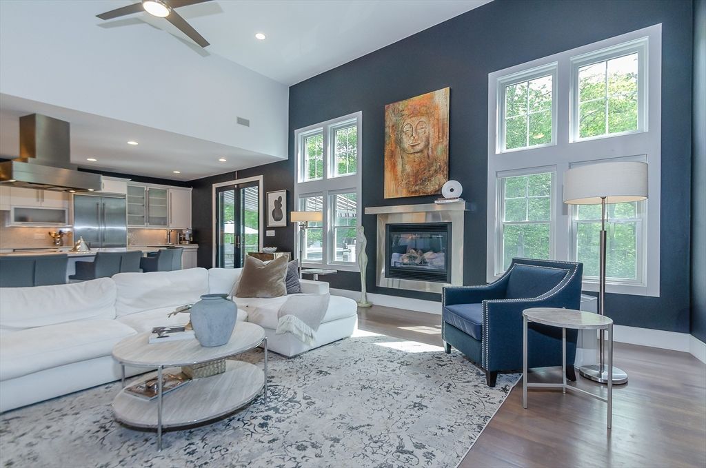 Fireplace, Interior, Kitchen, Living room, Recessed Lighting, Stainless Steel Appliances, Wood Texture Flooring