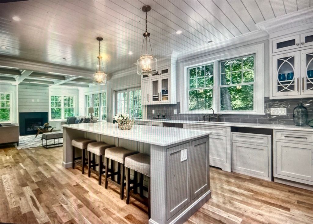 Fireplace, Interior, Kitchen, Living room, Pendant Lights, Recessed Lighting, Wood Texture Flooring