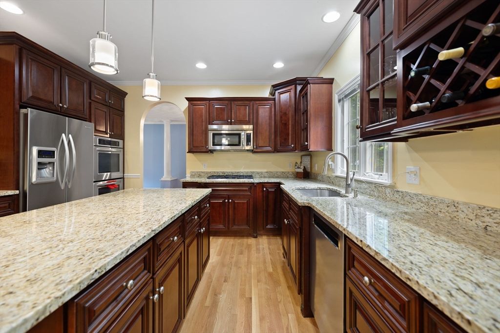 Interior, Kitchen, Pendant Lights, Recessed Lighting, Stainless Steel Appliances, Wood Texture Flooring