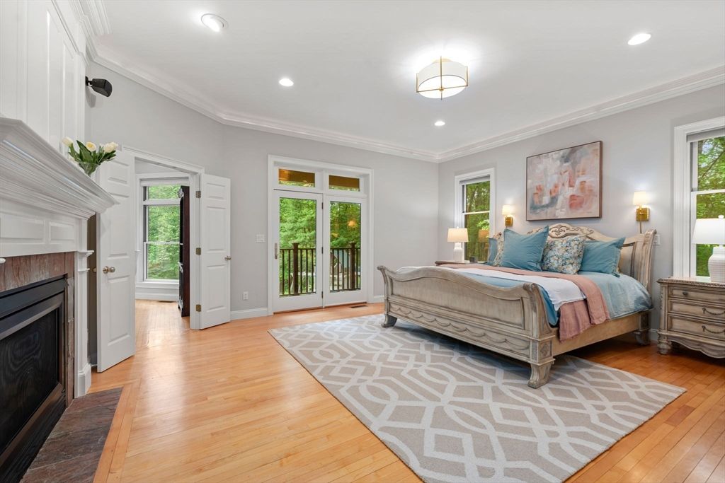 Bedroom, Fireplace, Interior, Recessed Lighting, Wood Texture Flooring