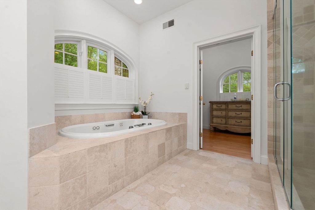 Bathroom, Glass Shower, Interior, Recessed Lighting, Wood Texture Flooring