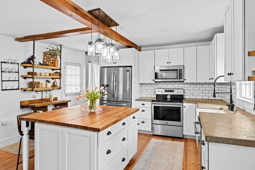 Interior, Kitchen, Pendant Lights, Stainless Steel Appliances, Wooden Beams, Wood Texture Flooring