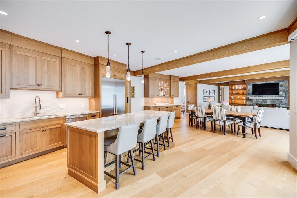 Dining room, Fireplace, Interior, Kitchen, Pendant Lights, Recessed Lighting, Stainless Steel Appliances, Wooden Beams, Wood Texture Flooring