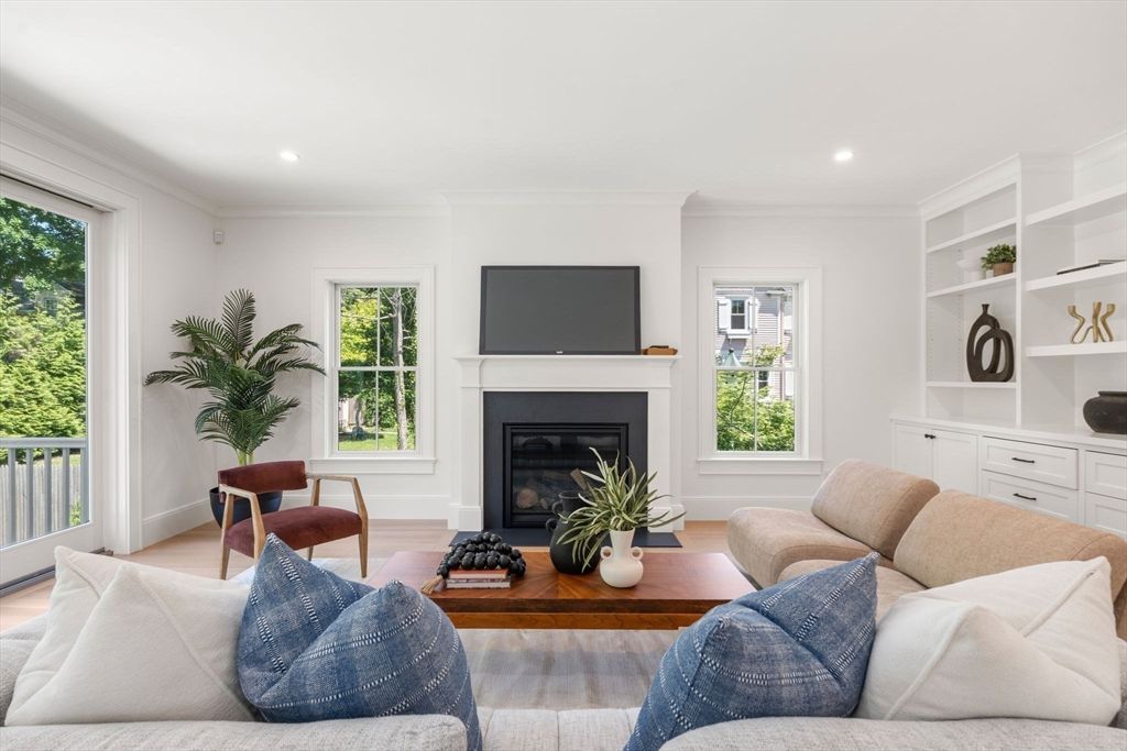 Fireplace, Interior, Living room, Recessed Lighting, Wood Texture Flooring