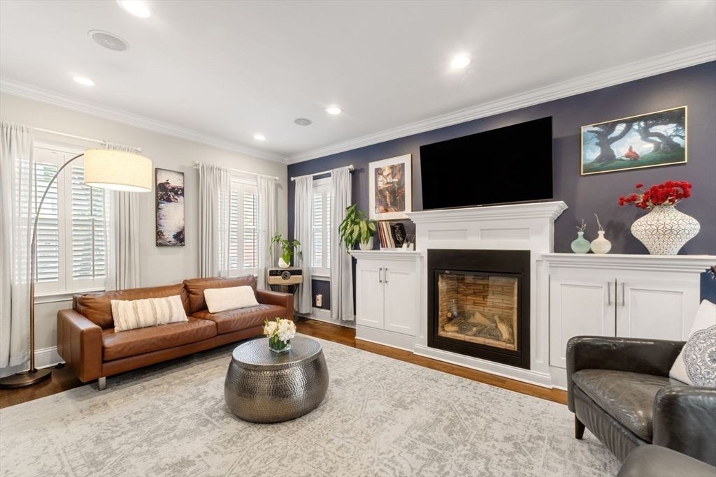 Fireplace, Interior, Living room, Recessed Lighting, Wood Texture Flooring