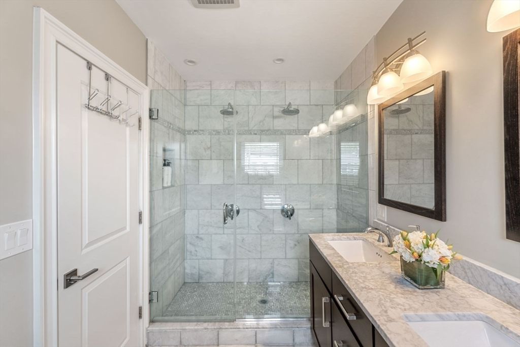 Bathroom, Dual Sink Vanities, Glass Shower, Interior, Marble Walls, Recessed Lighting