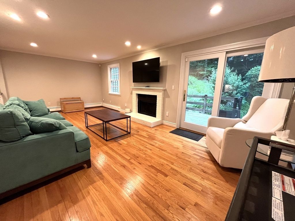 Fireplace, Interior, Living room, Recessed Lighting, Wood Texture Flooring