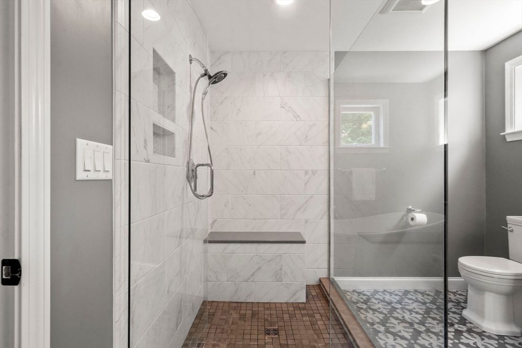 Bathroom, Glass Shower, Interior, Marble Walls, Recessed Lighting