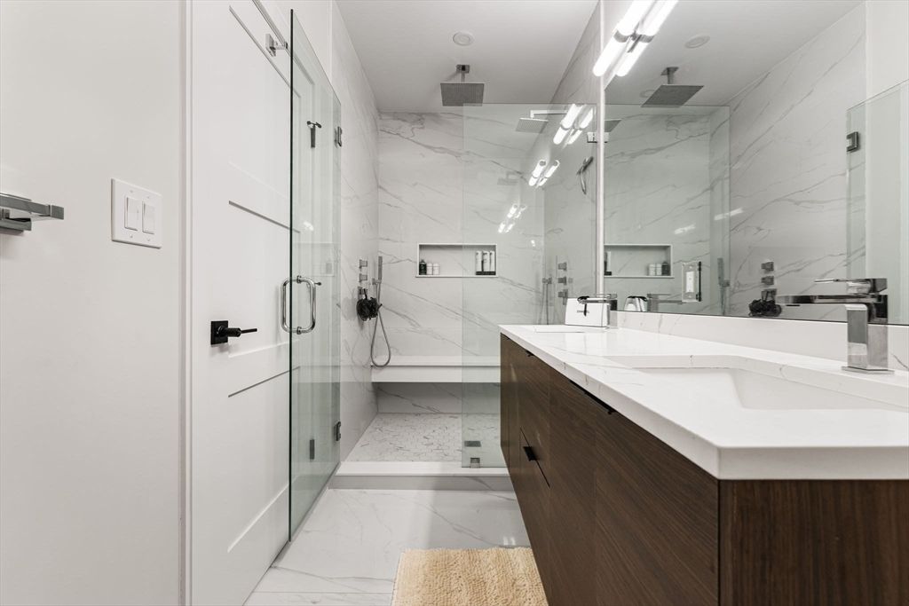 Bathroom, Dual Sink Vanities, Glass Shower, Interior, Marble, Marble Walls