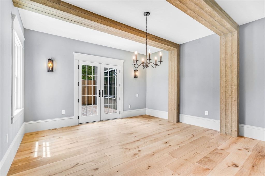 Chandelier, Empty room, Interior, Pendant Lights, Wooden Beams, Wood Texture Flooring