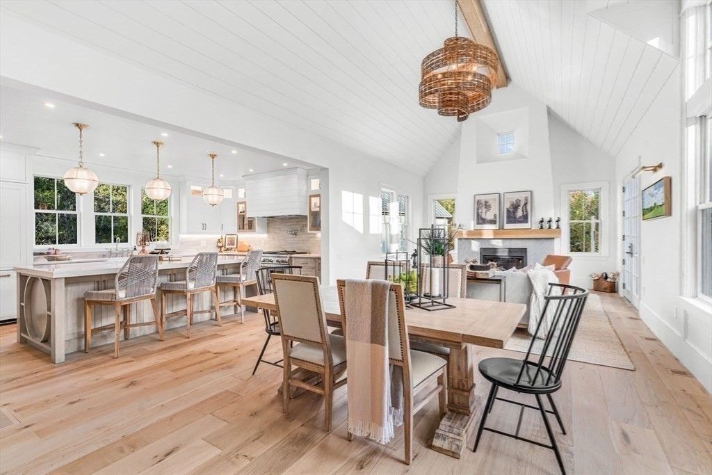 Dining room, Fireplace, Interior, Kitchen, Pendant Lights, Recessed Lighting, Wood Texture Flooring