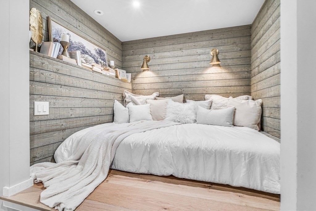 Bedroom, Interior, Recessed Lighting, Wood Texture Flooring, Wooden Walls