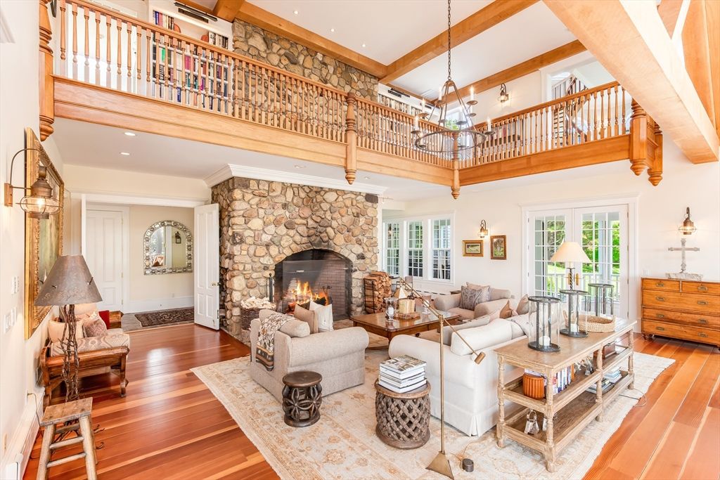 Fireplace, Interior, Living room, Recessed Lighting, Stone Walls, Wooden Beams, Wood Texture Flooring