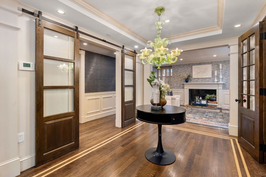 Chandelier, Fireplace, Interior, Recessed Lighting, Wood Texture Flooring