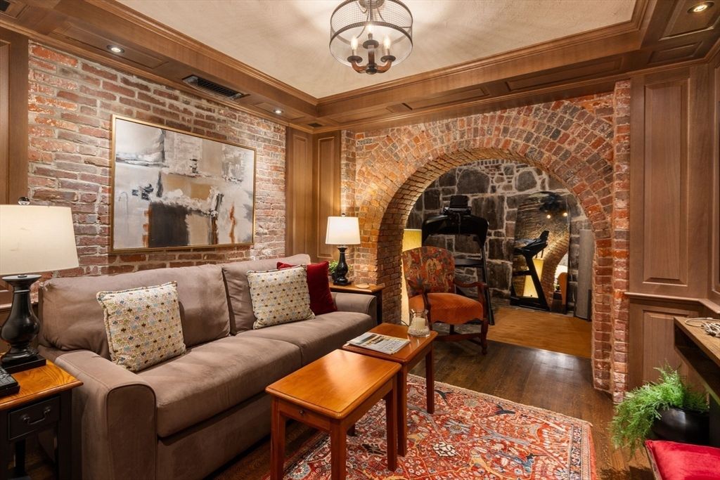 Interior, Living room, Recessed Lighting, Stone Walls, Wood Texture Flooring