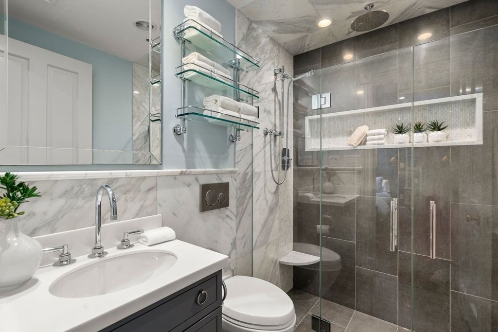 Bathroom, Glass Shower, Interior, Marble Walls, Recessed Lighting