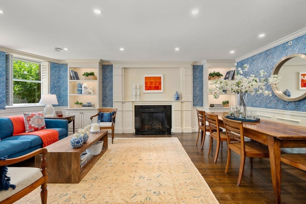 Dining room, Fireplace, Interior, Living room, Recessed Lighting, Wood Texture Flooring