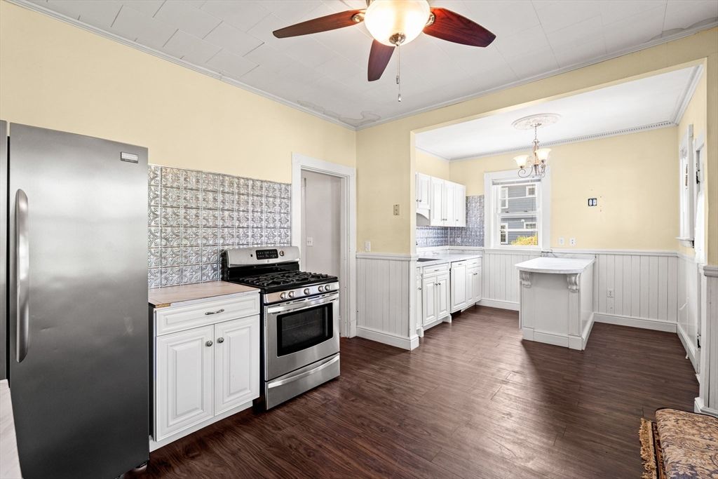 Chandelier, Interior, Kitchen, Stainless Steel Appliances, Wood Texture Flooring