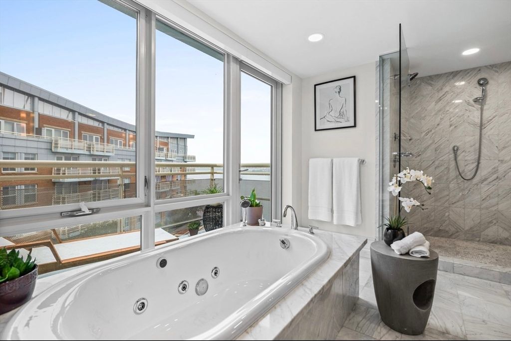 Bathroom, Glass Shower, Interior, Marble Walls, Recessed Lighting