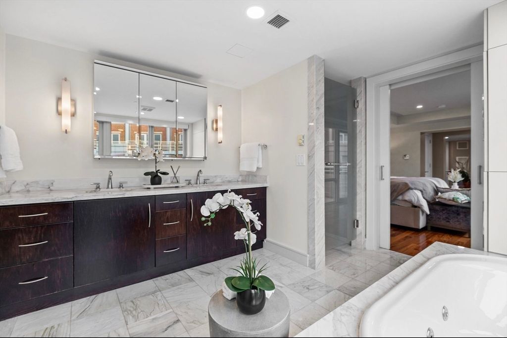 Bathroom, Dual Sink Vanities, Glass Shower, Interior, Marble, Recessed Lighting