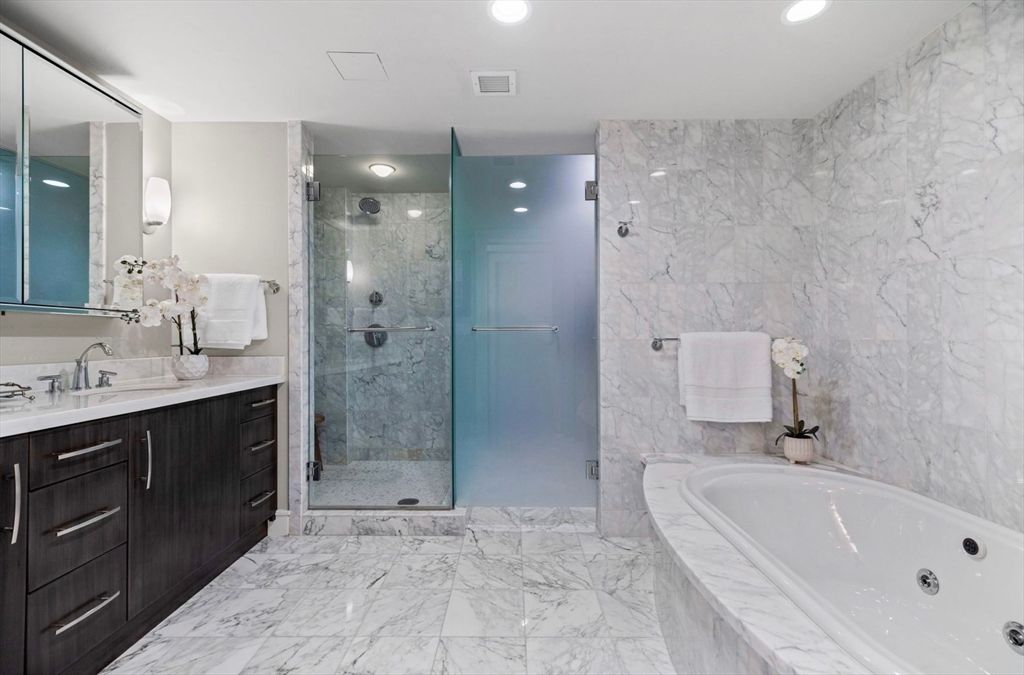 Bathroom, Glass Shower, Interior, Marble, Marble Walls, Recessed Lighting