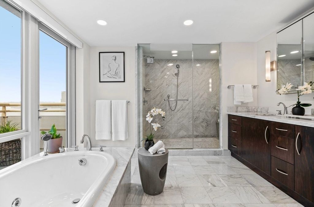 Bathroom, Glass Shower, Interior, Marble, Marble Walls, Recessed Lighting