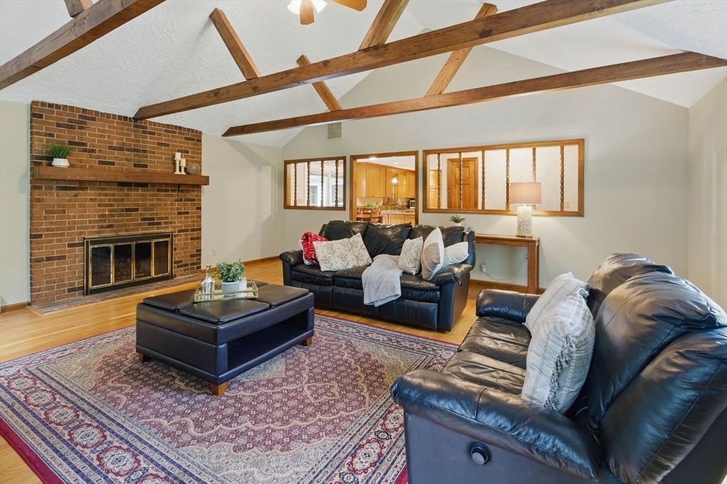 Fireplace, Interior, Living room, Stone Walls, Wooden Beams, Wood Texture Flooring