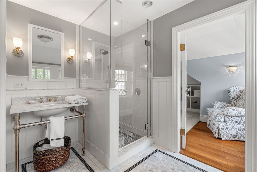 Bathroom, Glass Shower, Interior, Recessed Lighting, Wood Texture Flooring