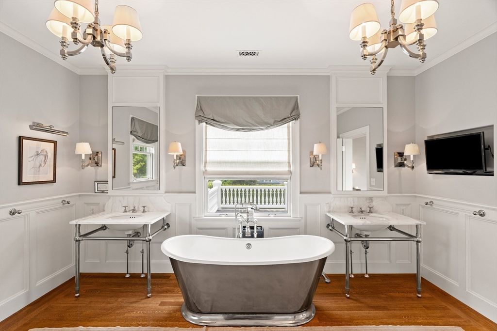Bathroom, Chandelier, Dual Sink Vanities, Free Standing Baths, Interior, Wood Texture Flooring