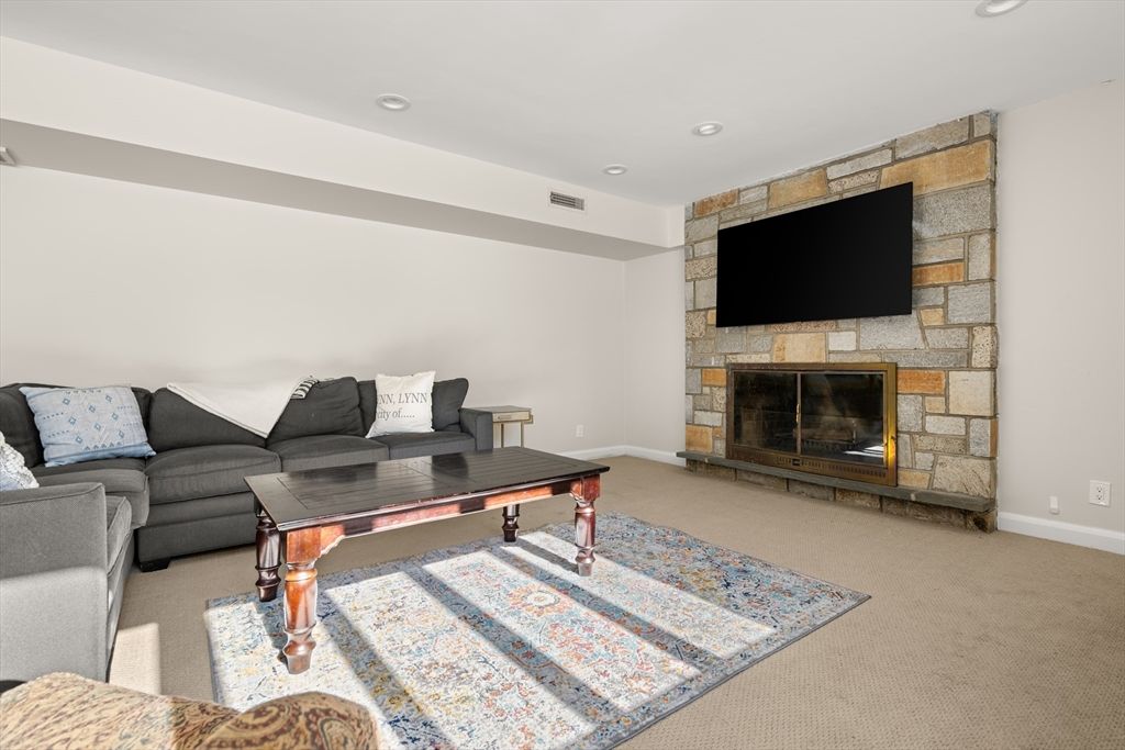Fireplace, Interior, Living room, Recessed Lighting, Stone Walls