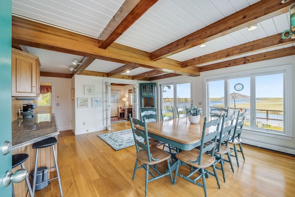 Dining room, Interior, Recessed Lighting, Water, Wooden Beams, Wood Texture Flooring