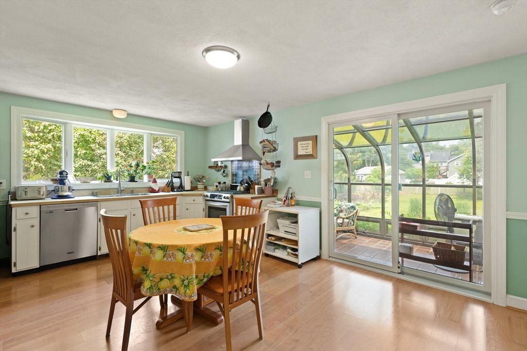 Dining room, Interior, Kitchen, Stainless Steel Appliances, Wood Texture Flooring